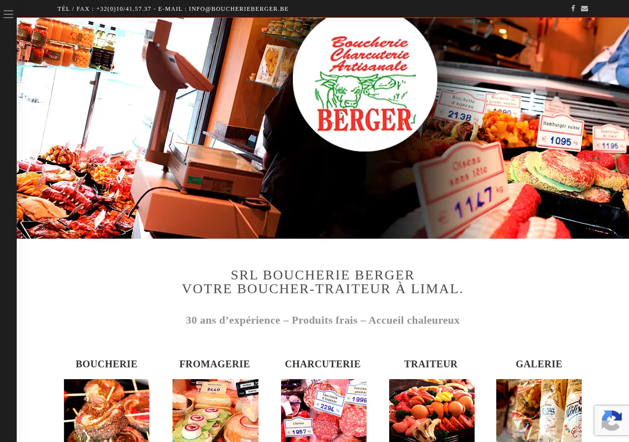 Avant : capture du site actuel de la Boucherie Berger, grande photo du comptoir avec le logo rond au centre, titre en capitales, cinq rubriques illustrées.